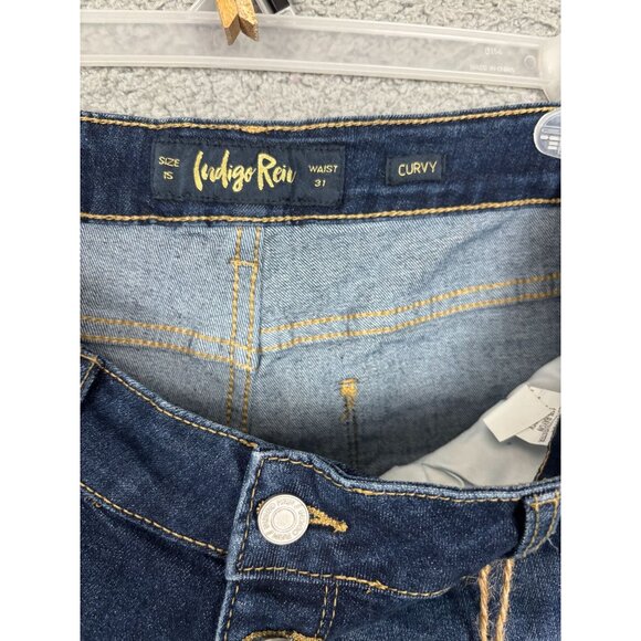 Indigo Rein Women's 5 Button Curvy Crops Denim Jeans Distressed 15 Dark Blue NWT - Picture 6 of 8